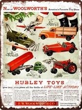 1954 Woolworth Hubley Toy Truck Tractor Plane Loader Santa Metal Sign 9x12" A822
