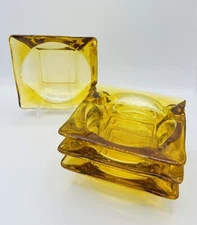 Amber Glass Cigarette ASHTRAY Coin 4-VTG 4.5” Square Dish Mid-Century Modern