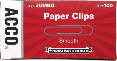 ACCO Paper Clips, Jumbo, Smooth, 100 Clips/Box, 1 Box (72580)