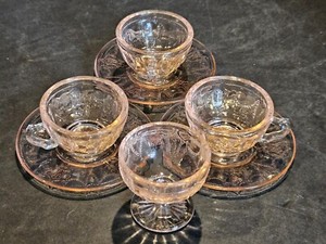 Set of 3 Mosser Jennifer Miniatures Pink Cup & Saucer Sets + 1 Ice Cream Glass