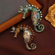 Women Vintage Shell Rhinestone Seahorse Enamel Pins Classic Sea Animal Brooches