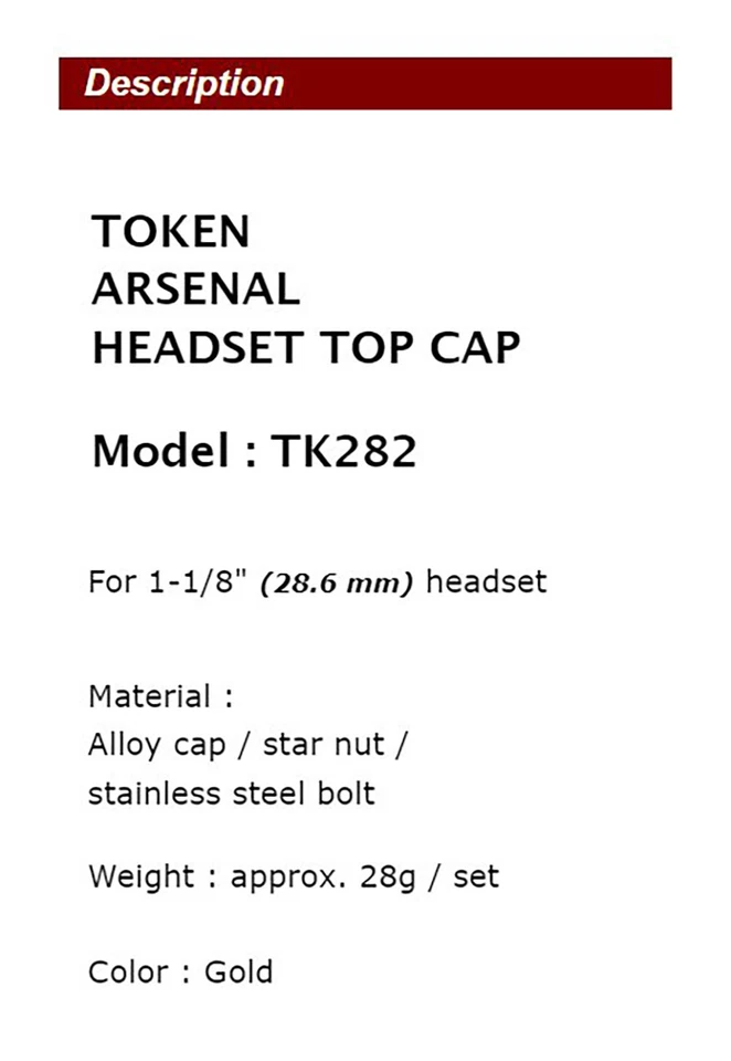 全新 TOKEN TK282 头戴式头盖 1-1/8 英寸 ALLOY TENSION 调节器,金色 — 第 2/4 张图片