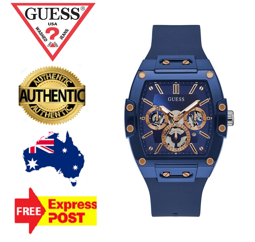 NEW GUESS PHOENIX GW0203G7 BLUE ROSE GOLD SILICONE SKELETON DIAL MENS WATCH