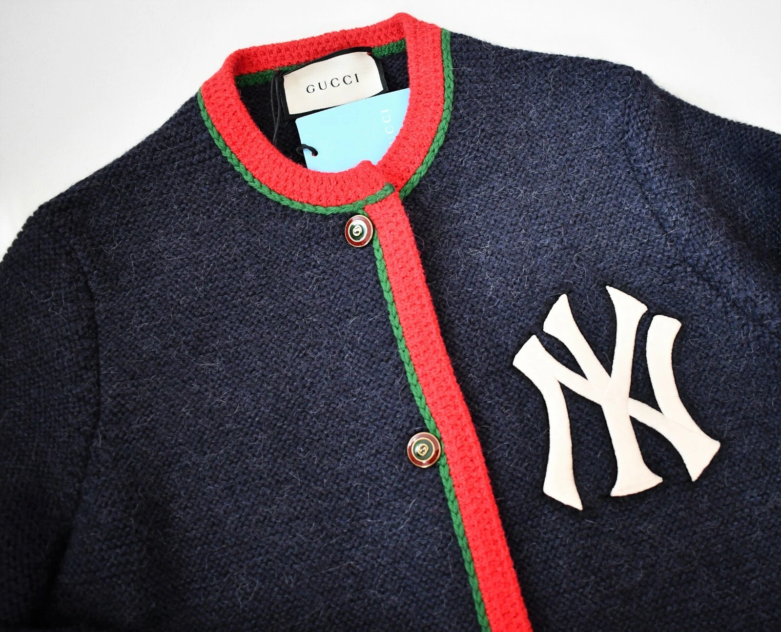 ?️ Cardigan lungo originale GUCCI NY YANKEES™ patch LANA & ALPACA MAGLIA Coatigan L