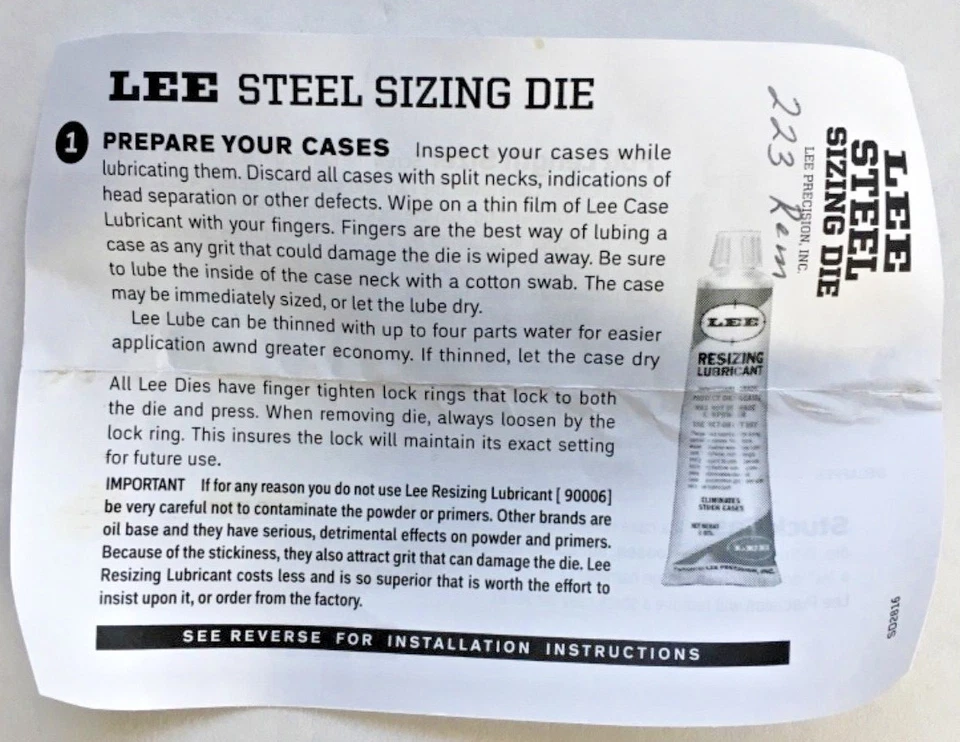 Lee 91035  223 Remington Full Length Sizing Die Only MPN # 91035 *FAST SHIP* - Image 2 of 3