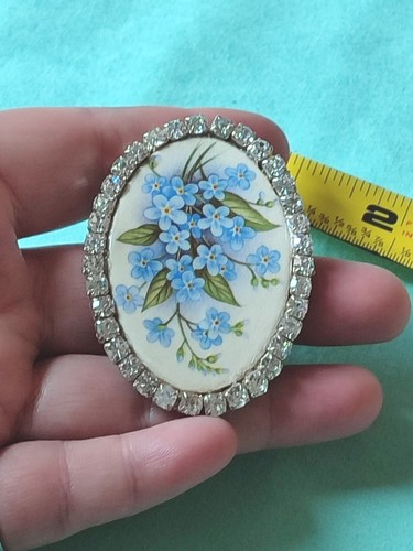 Decoupage Cottagecore blaue Blume klar Strass Brosche Anstecknadel Garten Frühling - Bild 9 von 9
