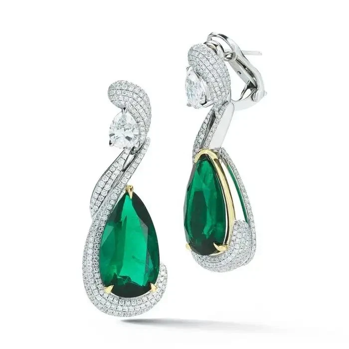 Handcrafted With 13.96CT Pear-Shaped Emeralds & Simulated Sapphires Earrings - Image 2 of 4