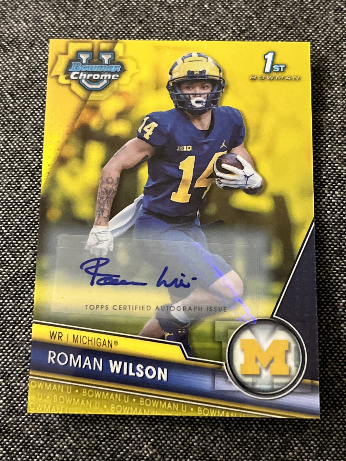 ROMAN WILSON 2023 BOWMAN UNIVERSITY CHROME 1ST AUTOGRAPH Michigan Yellow # 75 PP