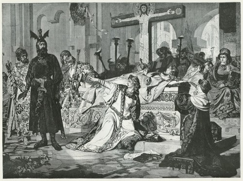 Kriemhild and Hagen at Siegrfieds Funeral Bier, 1892 vintage B&W art print - 第 1/4 張圖片