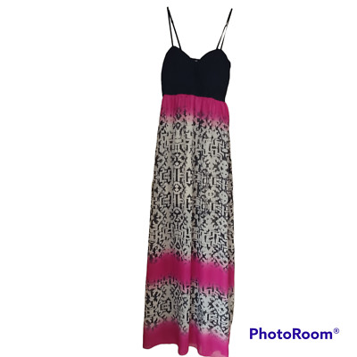 Three Pink Hearts Geometric Pink Black White Strappy Sheer Lined Maxi Dress