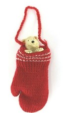 Ceramic 3.5" Polar Bear Looking Out From Red Knitted Mitten Christmas Ornament