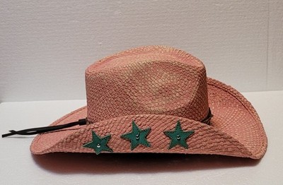 Lucky Horze Kids Pink Straw Cowgirl Hat S/M Teal Stars Western Hat Headband
