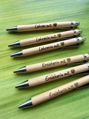 Kugelschreiber Geschenk Lehrerin Erzieherin mi Herz Bambus Kuli Stift Wunschgrav