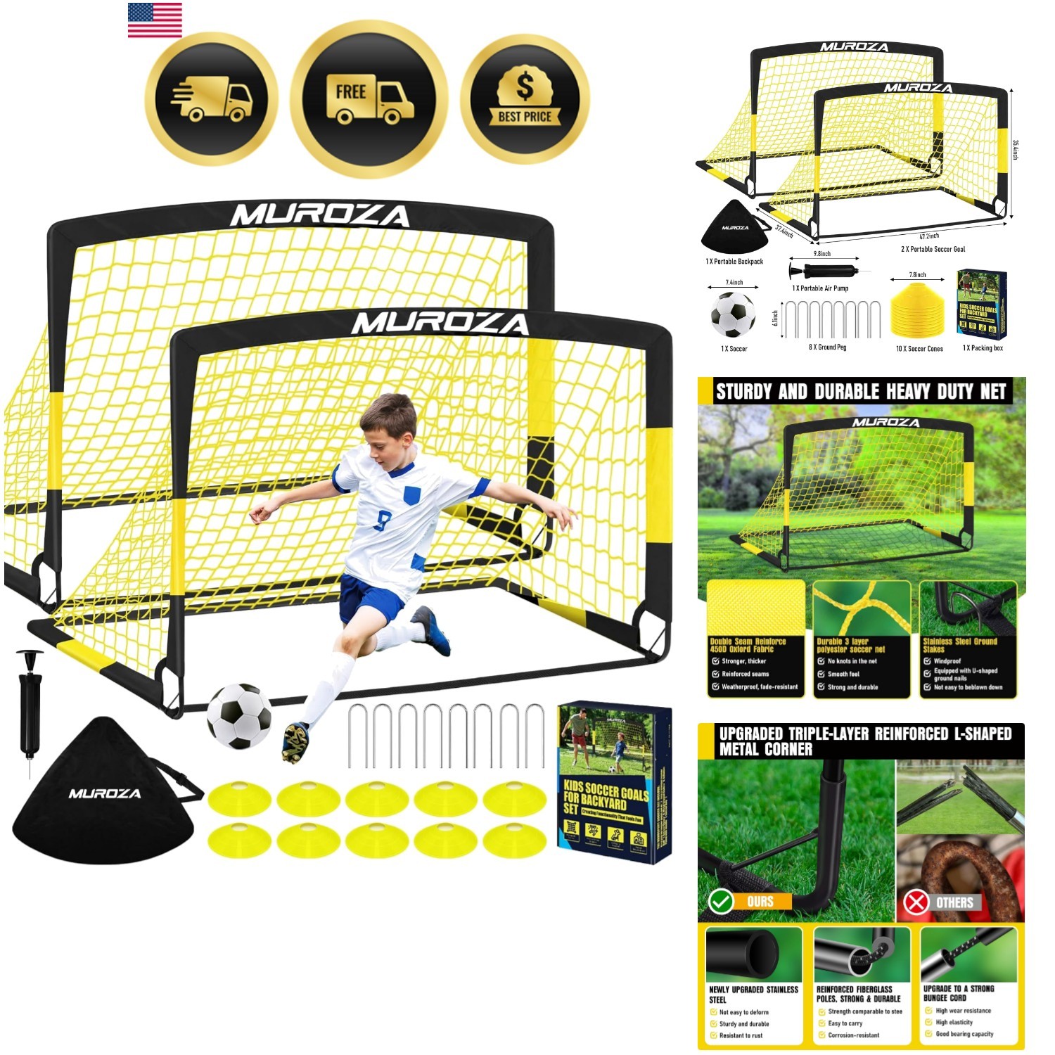 Soccer Goal, Kids Soccer Goals for Backyard Set, 2 Pack of Portable Pop Up So...