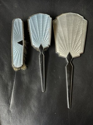 Art Deco Guillochiertes Emaille Waschtisch Set - Spiegel & Bürsten - 30er Jahre 