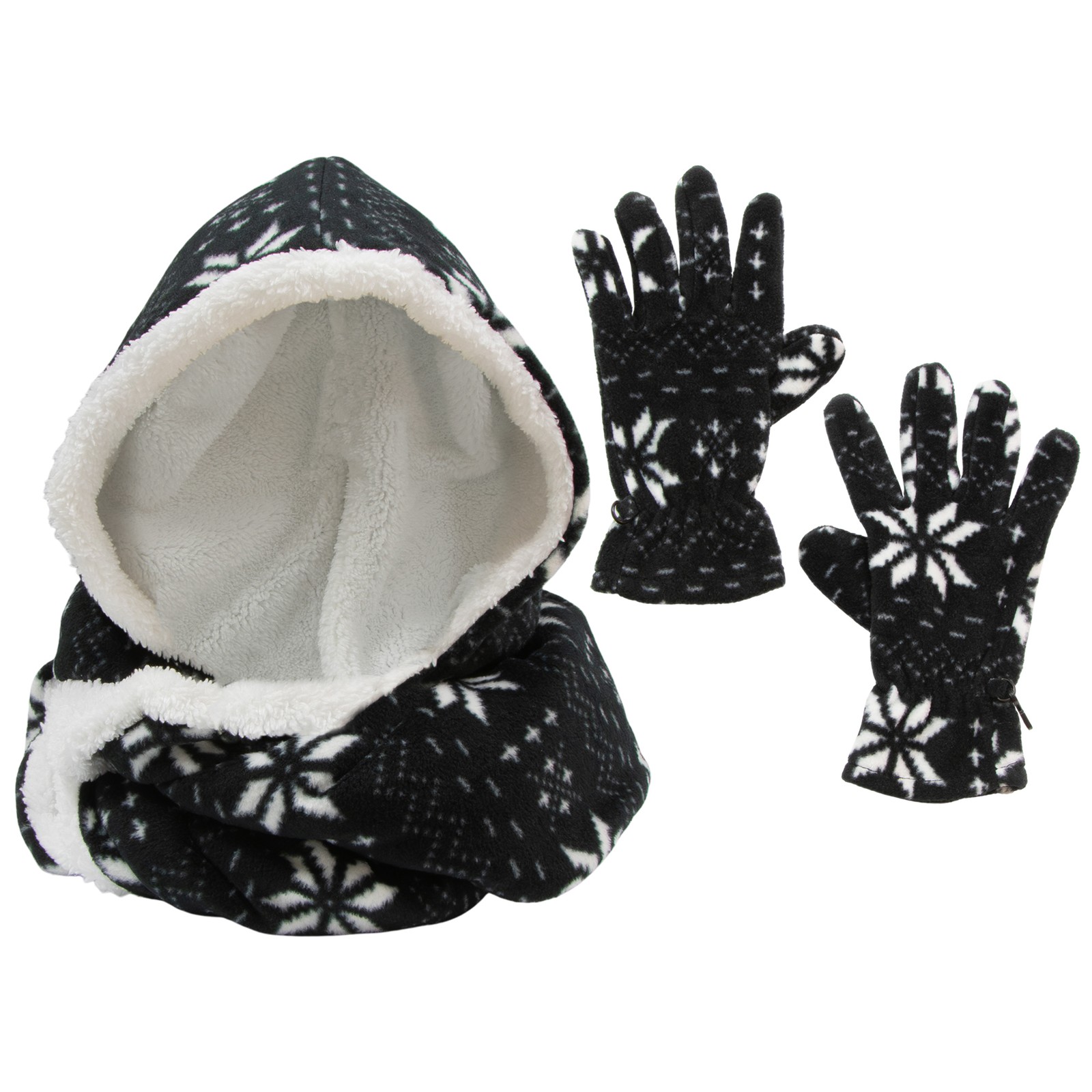 Gold Coast Snowflake Fleece Hooded Scarf and Glove Set in Black and White 4490₽