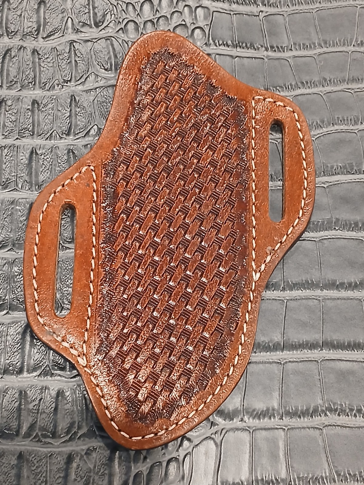 Brown Open Top Belt Loop Basketweave 45° Fix Blade Knife Leather Sheath
