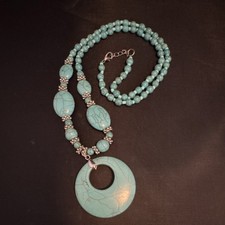 Turquoise Stone Beaded Necklace with Round Turquoise Pendant Statement
