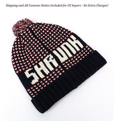 SCOTCH SHRUNK Boys Knit Hat M Navy White Red Pattern Pom Winter Beanie Cap