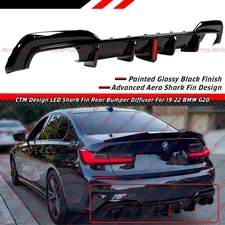 For 2019-22 BMW G20 330i M340i CTM Gloss Black Rear Bumper Diffuser W/ LED Light