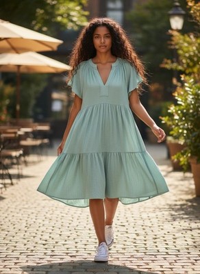 Calvin Klein Mint Green Tiered Flutter Sleeve Dress