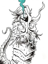 Creepy Mermaid w/Starfish- OOAK Ink Drawing-Original Horror Art-Myke Art