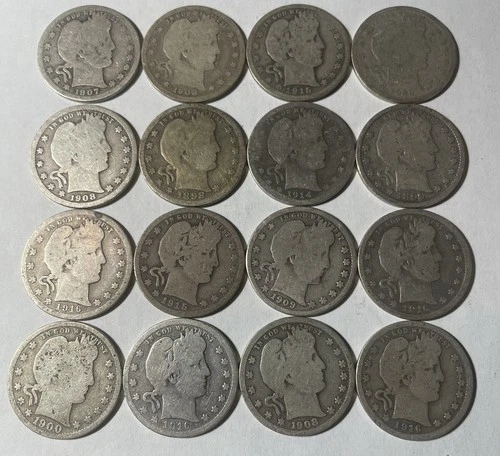 Lot of 16 - 25c US Barber Silver Quarters - Old US Coins