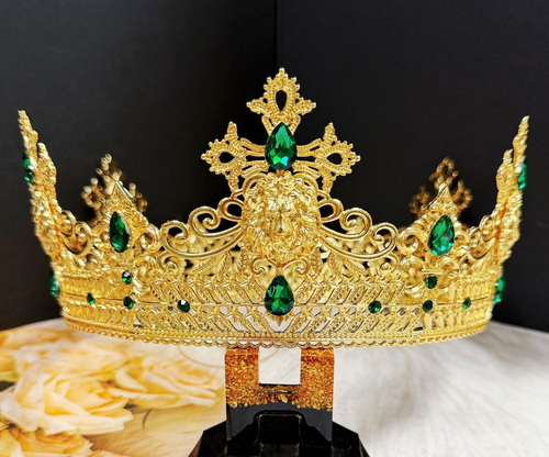 Gold King Lion Crown, Prince Wedding Diadem, Green Crystal Crown, Gift for Dad - Picture 3 of 8