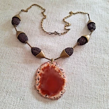 Red Agate Slice Pendant Necklace Boho with Lava Beads