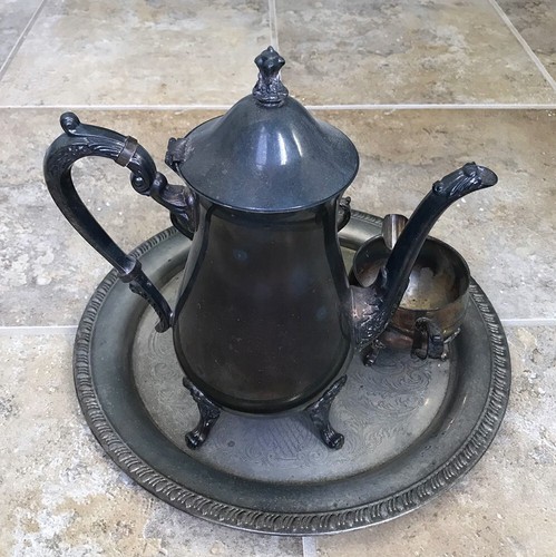 Vintage LEONARD Silver Plate set Coffee/Tea Pot Creamer and Sugar Bowl/Lid, Tray - Picture 5 of 12