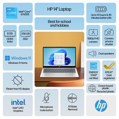 HP 14 inch Laptop Intel Core i3-N305 8GB RAM 256GB SSD Moonlight