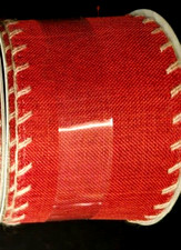 Red 2.5" by 2 yards Jute Stitched Edges Woven Wired Ribbon Country Farmhouse