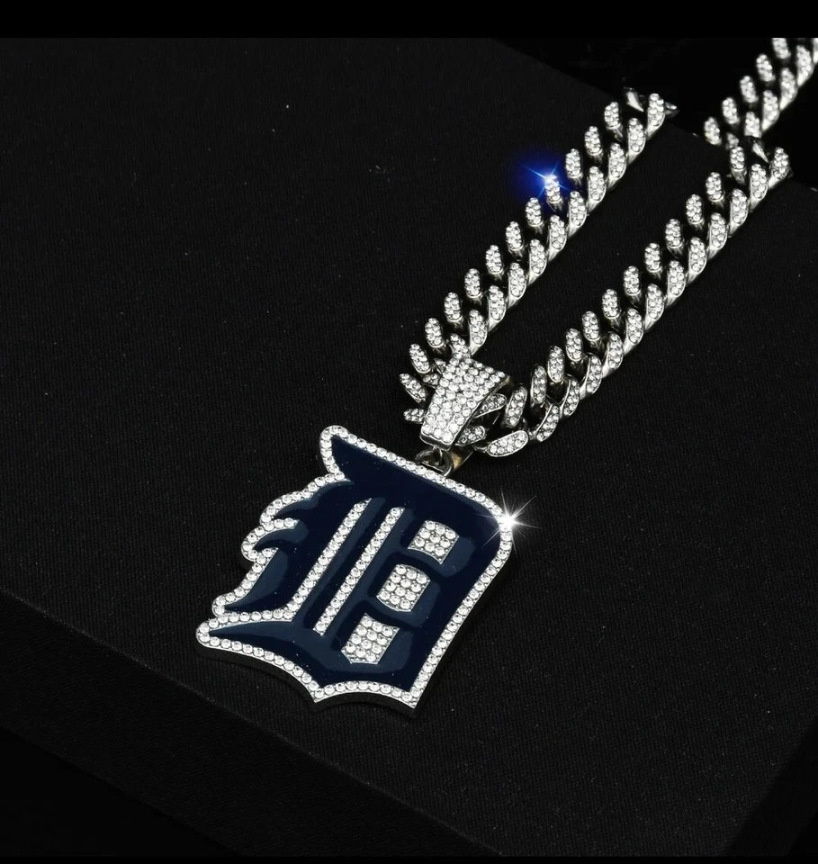 DETROIT TIGERS NECKLACE Silver Bling Baseball Pendant /24" Cuban Chain - Image 3 of 3