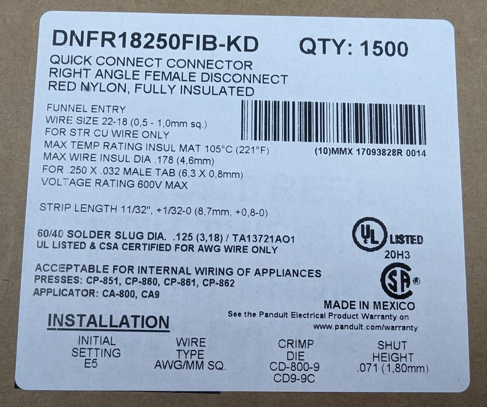 1500 Molex DNFR18250FIB-KD 22-18AWG Red Rht Angle Crimp Sockets for .25" Tab NEW - Image 4 of 4