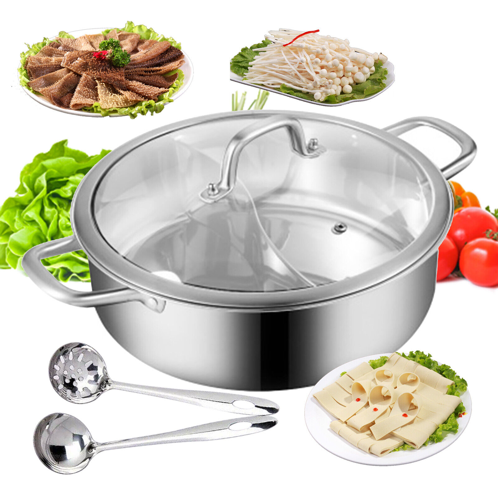 Dual Sided Divider Shabu Cooker Soup Hot Pot Cookware with Lid