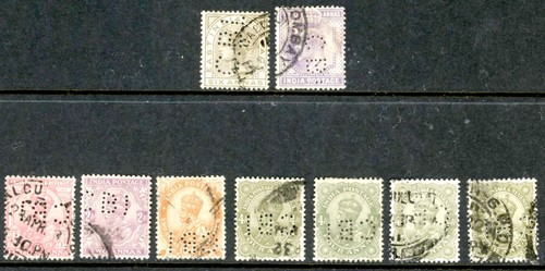 India, Perfin, 1876-1911, Nine Stamps (Six Diff) w/"CBI" Perfin
