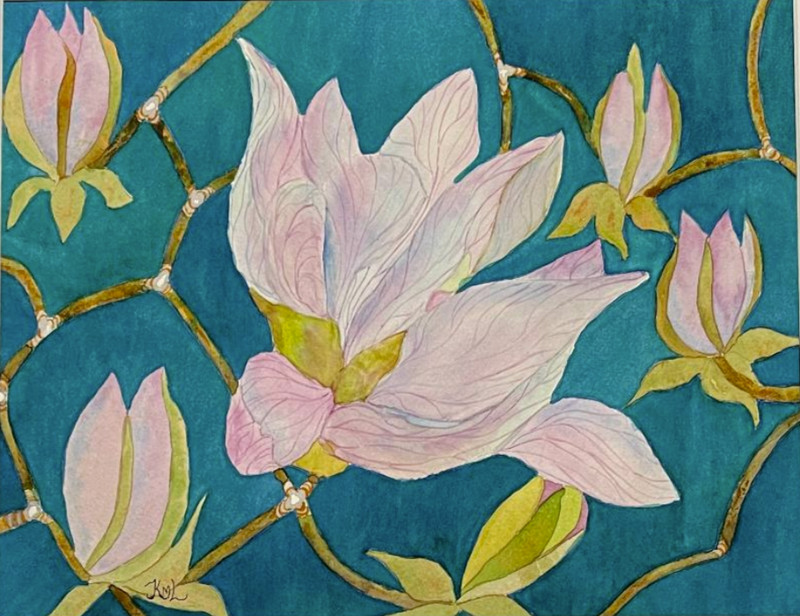 PAINTING WATERCOLOR ART MAGNOLIA FLOWERS PINK LAVENDER 11X14 DOUBLE MAT 16X20