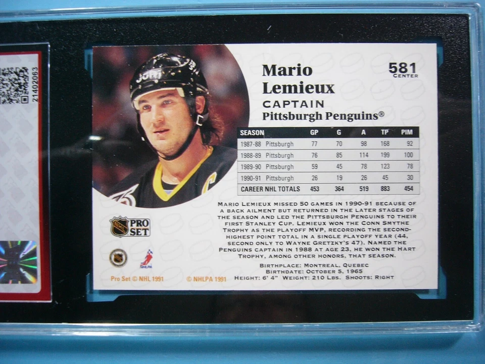 1991/92 PRO SET NHL HOCKEY CARD #581 MARIO LEMIEUX CAPTAIN KSA 9.5 NGM SHARP!! - Image 4 of 4