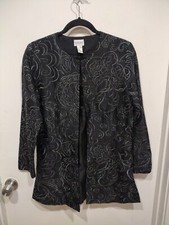 Chico's 100 Silk Embroidered Black  Silver Longline Evening Jacket Sz 0 XS 4 