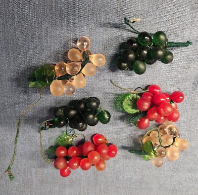 Vintage Green Red & Pink Blown Glass 6 Bunch of Grapes mAAJ