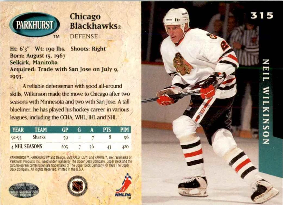1993-94 PARKHURST NEIL WILKINSON CHICAGO BLACKHAWKS #315 - Image 2 of 2