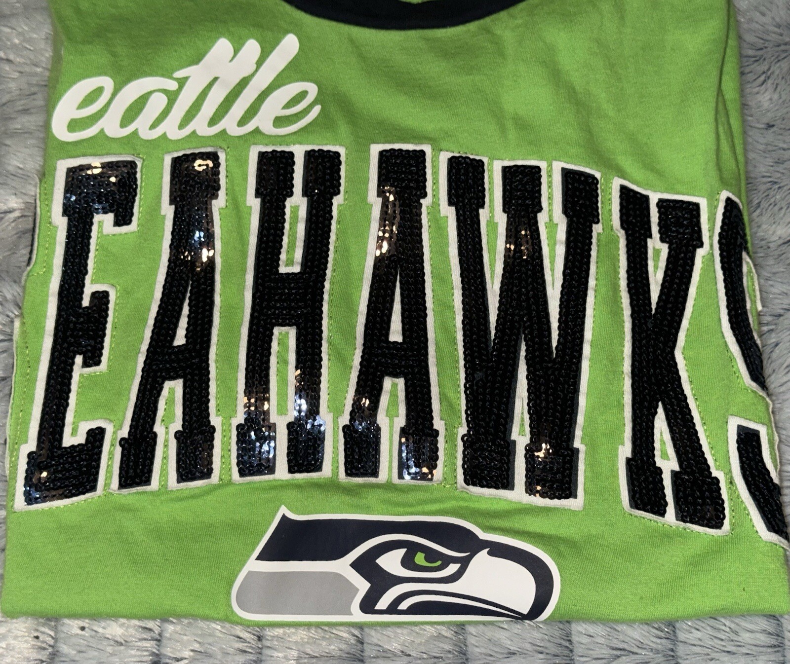 NFL Seattle Seahawks sequin logo raglan jersey t-shirt 3/4 sleeve womens