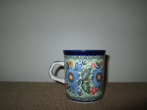 Signed UNIKAT Polish Pottery Coffee Mug Blue Multicolor Floral Straight 4 Oz Cup