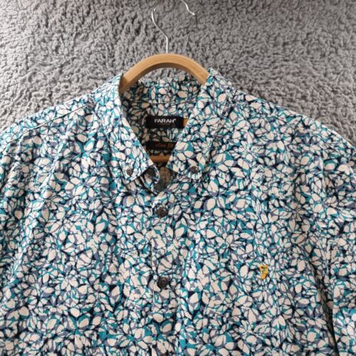 Farah Mens Casual Shirt Size XL Blue Green Ivory Short Sleeve Collared Button-Up - Picture 4 of 14