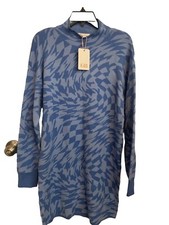 GB Mini Sweater Dress Size Large Womens Pullover Geometric Long Sleeve Blue
