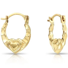 10K Real Solid Yellow Gold Baby Heart Creole Hoops Earrings Small Size 12MM