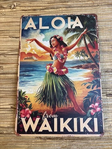 ALOHA From Waikiki Metal Tin Sign 12" x 8" Vintage Style Tiki Bar Hula Girl New