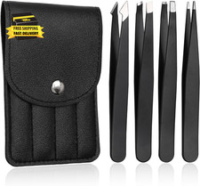 4-Piece Precision Tweezer Set with Leather Case - Professional Lash, Eyebrow  F