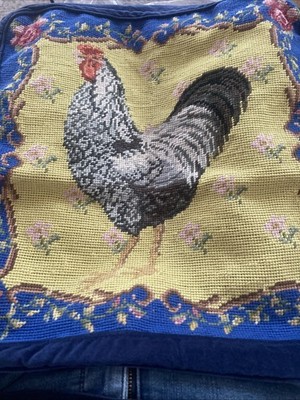 17x17  Rooster Needlepoint Chair Cushion Cover Case French Country Blue Flowers