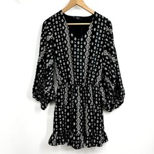 VICI Smocked Tiered Boho Mini Dress Black Cream Balloon Sleeves Size Small